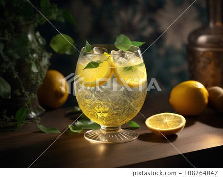 Citrus lemonade water with lemon sliced on the table. Generative AI 108264047