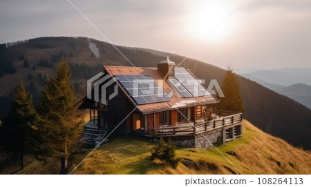 eco-friendly house with solar panels on the roof surrounded by green nature. Generative AI 108264113