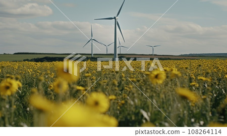 Wind turbine in a yellow flower field, Alternative energy. Generative AI. Wind turbine in a yellow flower field, Alternative energy. Generative AI. 108264114