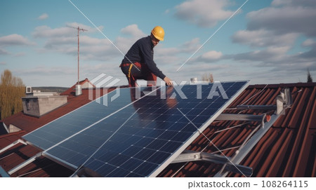 solar panesl or photovoltaic plant on the roof of a house. Generative AI solar panesl or photovoltaic plant on the roof of a house. Generative AI 108264115