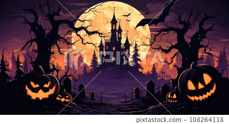 halloween concept. scary pumpkin and house. with fantastic background. generative ai 108264118