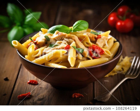Penne pasta in tomato sauce with chicken in a bowl. Generative AI Penne pasta in tomato sauce with chicken in a bowl. Generative AI 108264119