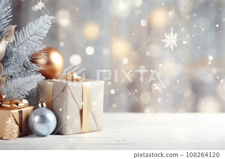 Gift boxes ornament a background bokeh of twinkling party lights decoration. New Year present. Christmas gift background with copyspace. Generative AI Gift boxes ornament a background bokeh of twinkling party lights decoration. New Year present. Christmas gift background with copyspace. Generative AI 108264120