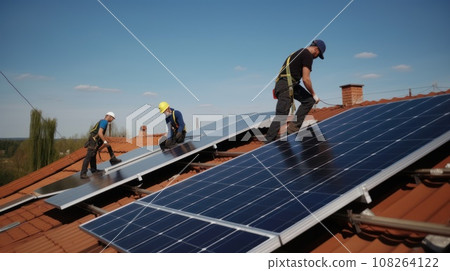 Alternative green energy, solar panels on the roof top of the house. Generative AI Alternative green energy, solar panels on the roof top of the house. Generative AI 108264122