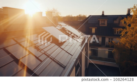 Modern house with solar panels on the rooftop with sunset on the background. Generative AI 108264128