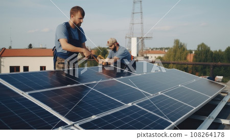 Alternative green energy, solar panels on the roof top of the house. Generative AI 108264178