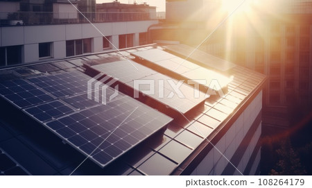 Modern house with solar panels on the rooftop with sunset on the background. Generative AI 108264179