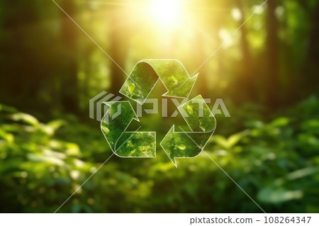 Recycling symbol with plants, environmental preservation concept. Generative AI 108264347