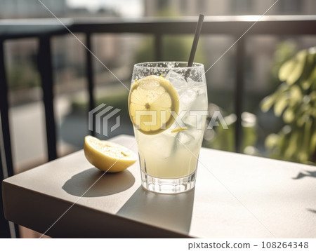 Summer refreshing lemonade with lemons on a balcony. Generative AI 108264348