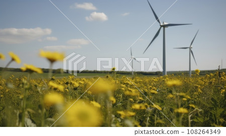 Wind turbine in a yellow flower field, Alternative energy. Generative AI 108264349