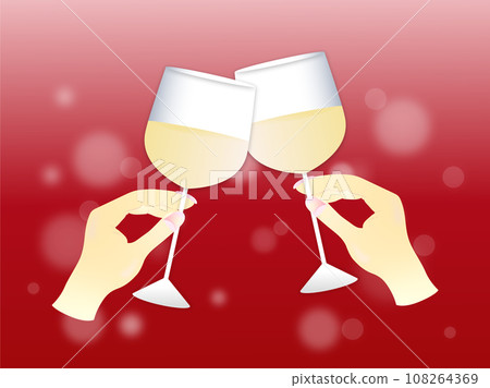 Sparkling red background with human hands toasting with white wine 108264369