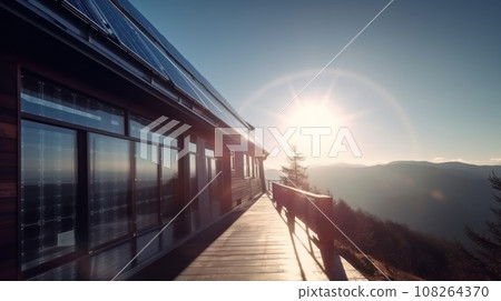 eco-friendly house with solar panels on the roof surrounded by green nature. Generative AI 108264370