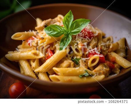 Penne pasta in tomato sauce with chicken in a bowl. Generative AI 108264371