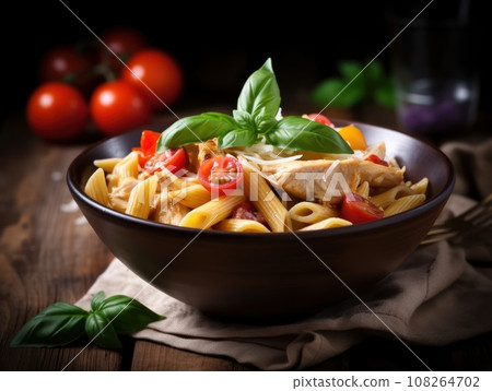 Penne pasta in tomato sauce with chicken in a bowl. Generative AI 108264702