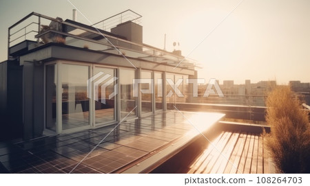 Modern house with solar panels on the rooftop with sunset on the background. Generative AI 108264703