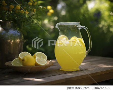 Fresh citrus lemonade with limes and lemons in jar on the table in the garden. Generative AI 108264890