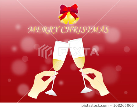 閃閃發光的紅色聖誕背景，人們的手舉著香檳敬酒 108265006