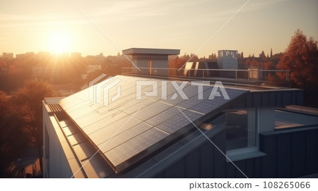 Modern house with solar panels on the rooftop with sunset on the background. Generative AI 108265066