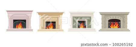 Various Fireplace with Fire in the Hearth Vector Set 108265192