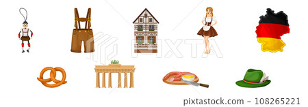 Germany Object and Symbol with Lederhosen, Woman in Dress, House and Food Vector Set 108265221