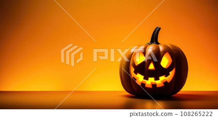 Empty wooden table with pumpkin for product display. Halloween background. Generative AI 108265222