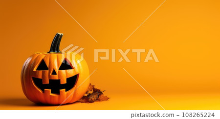 Empty wooden table with pumpkin for product display. Halloween background. Generative AI 108265224