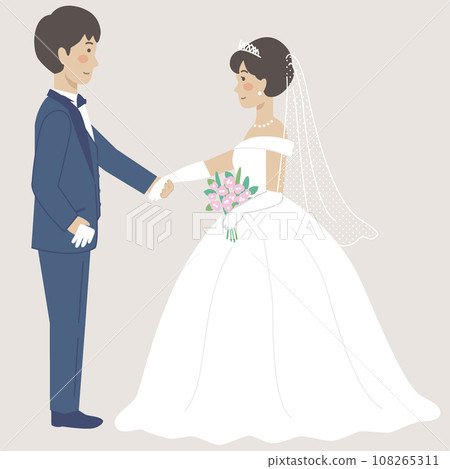 婚禮插畫，新娘和新郎面對面，手牽手 108265311