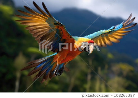 Beautiful macaw flying, Ara arakanga Beautiful macaw flying, Ara arakanga 108265387