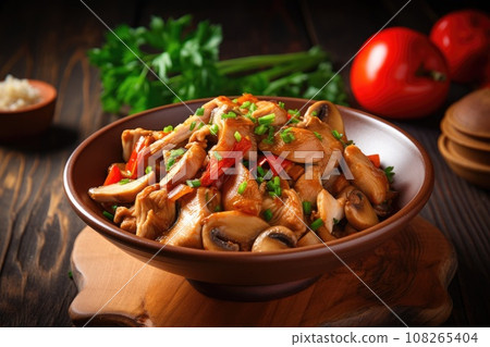Fried chicken with pepper, mushrooms and chives in bowl. Asian cuisine food Fried chicken with pepper, mushrooms and chives in bowl. Asian cuisine food 108265404