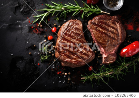 Juicy beef steak with rosemary on a dark background. Top view. 108265406