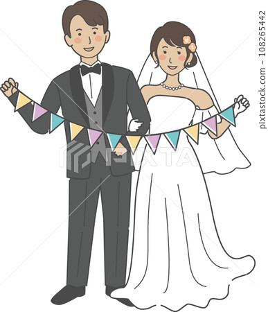 Wedding illustration, bride and groom with garland Wedding illustration, bride and groom with garland 108265442