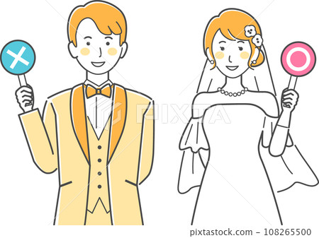 婚禮插圖，新娘和新郎拿著圓圈和十字標籤 108265500