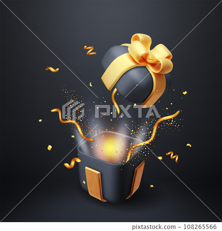 3D Open Gift Box with Golden Confetti. 3D Open Gift Box with Golden Confetti. 108265566