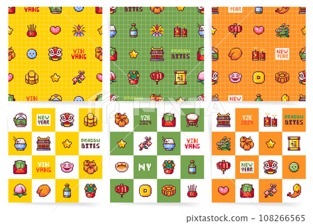 Y2K Pixel Art Lunar New Year Festival Set. Seamless Vector Patterns with Retro Dragon, Food, Gifts, Beverages and Festive Elements. Vintage Arcade Style Backgrounds for Chinese New Year Celebration. Y2K Pixel Art Lunar New Year Festival Set. Seamless Vector Patterns with Retro Dragon, Food, Gifts, Beverages and Festive Elements. Vintage Arcade Style Backgrounds for Chinese New Year Celebration. 108266565