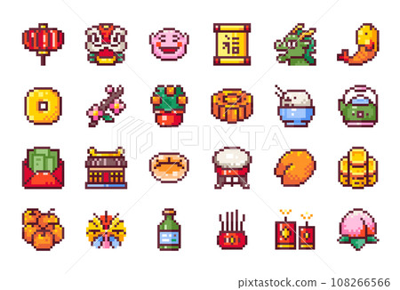 Pixel Art Chinese New Year Icons. 8 bit style stickers of Pixelated Lunar Festival Celebration - Red Paper Lantern, Dragon, Scroll, Coin, Holiday Mandarin Tree, Red Envelope Gift Money, Food, Temple. 108266566