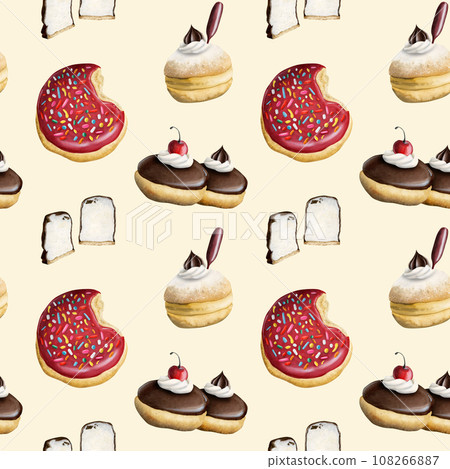 Donuts and marshmallow dessert watercolor seamless pattern on light beige background. Hand drawn chocolate, red, white glazed doughnuts for kitchen, textile, backery, cafe 108266887