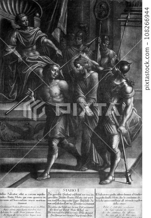 1st Stations of the Cross, Jesus is condemned to death, Church of All Saints in Blato, Korcula island, Croatia 1st Stations of the Cross, Jesus is condemned to death, Church of All Saints in Blato, Korcula island, Croatia 108266944