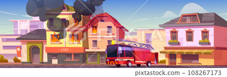 Fire truck arrives to put out burning building 108267173