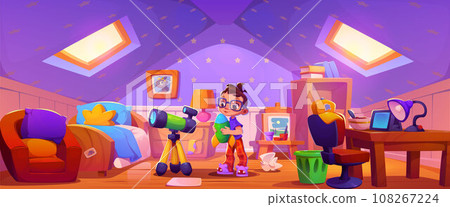 Boy in attic child bedroom interior with telescope 108267224