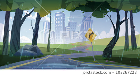 Asphalt twisting road to city in rainy weather 108267228