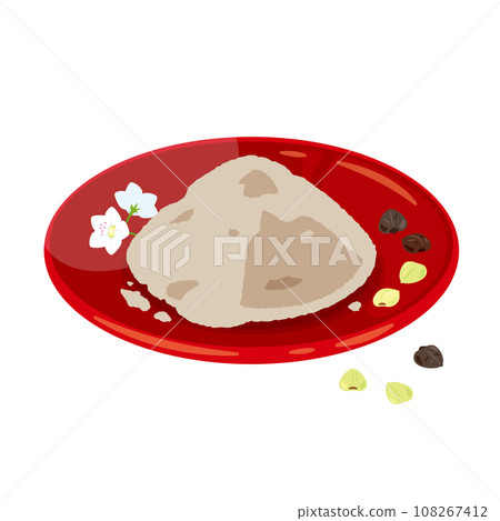 Buckwheat flour, buckwheat flowers and fruit on a plate 108267412
