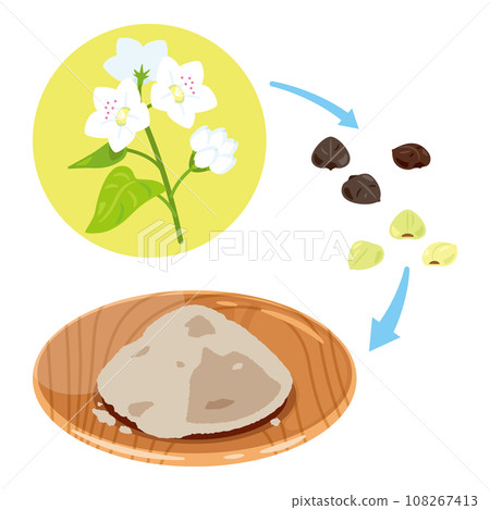 Buckwheat flour on a plate, buckwheat flowers and buckwheat seeds 108267413