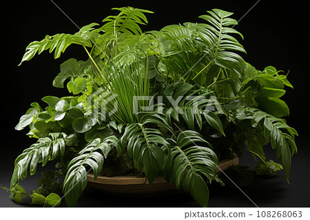 Philodendron in terracotta pot isolated on black background. Philodendron in terracotta pot isolated on black background. 108268063