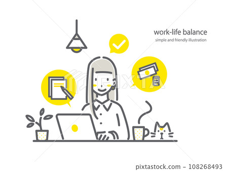 A woman working from home without stress - simple and stylish line drawing illustration 108268493