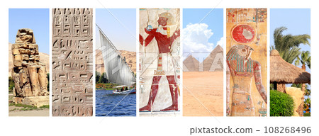 Collection of vertical banners with famous landmarks of Egypt - Great Pyramids in Giza, Colossi of Memnon in Valley of Kings, Luxor, Colorful Mural Wall Painting in Hatshepsut Temple, Western Thebes 108268496