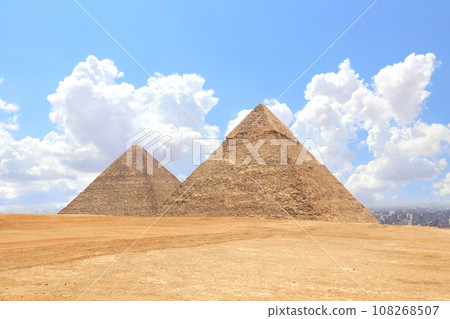 Famous Great Pyramids of Chephren and Cheops, Cairo, Egypt. Two of the three Great Pyramids, Giza pyramid complex (Giza Necropolis) 108268507