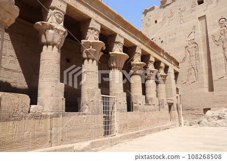 Ancient Egyptian stone columns, Temple of Isis on Agilkia Island (Philae), reservoir of Aswan Low Dam, Egypt Ancient Egyptian stone columns, Temple of Isis on Agilkia Island (Philae), reservoir of Aswan Low Dam, Egypt 108268508