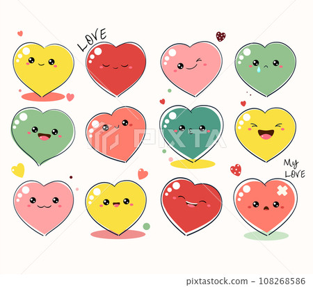 Cute Valentine heart in kawaii style. Collection of heart-shaped emoticons with different mood. Set of cute funny hearts with emoji faces in different expressions. Vector illustration EPS8 Cute Valentine heart in kawaii style. Collection of heart-shaped emoticons with different mood. Set of cute funny hearts with emoji faces in different expressions. Vector illustration EPS8 108268586