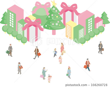 Isometric Winter Christmas People Cityscape Family Kids Simple Illustration Material 108268728