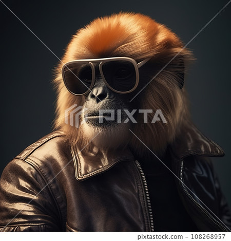Image of stylish cool gibbon wearing sunglasses as fashion and wore a leather jacket. Modern fashion, Wildlife Animals. 108268957